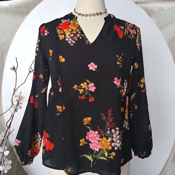 Boho Blouse Floral Flowy Peasant Style Semi Sheer Chiffon Blouse V Neck … - Picture 5 of 16